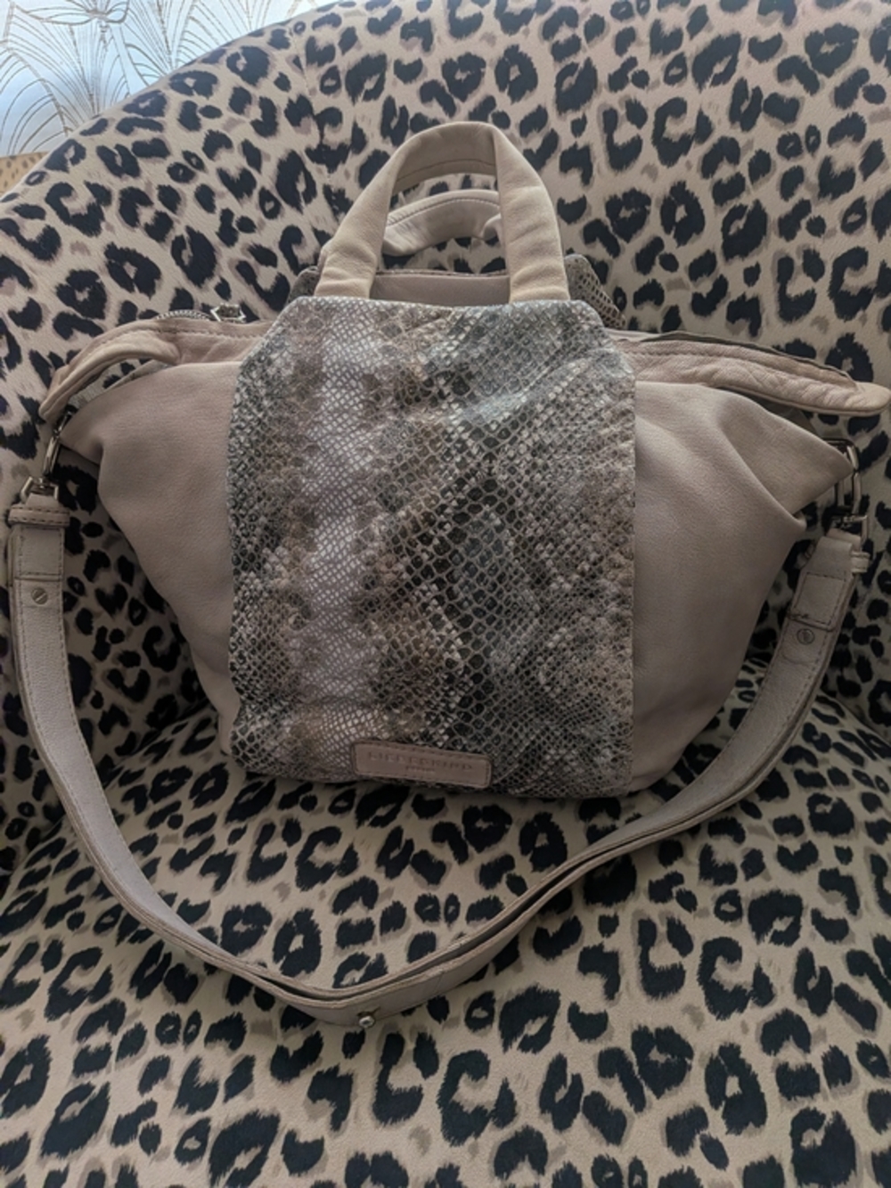 Liebeskind Berlin Baraka satchel is crafted from beige leather Snake Pattern